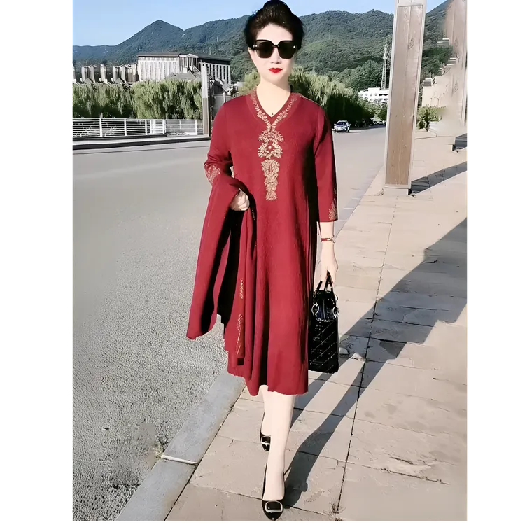 高端重工烫钻开衫外套冰麻针织婚宴礼服V领长款连衣裙气质两件套