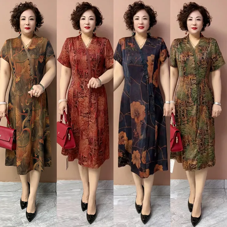 859中年女士连衣裙时尚新款夏精致妈妈裙子V领显瘦阔太太裙子夏