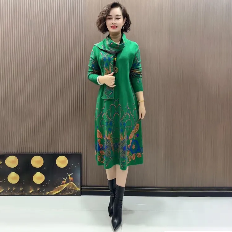民族风复古印花V领针织裙原版秋冬时尚高端妈妈遮肉显瘦宽松长裙