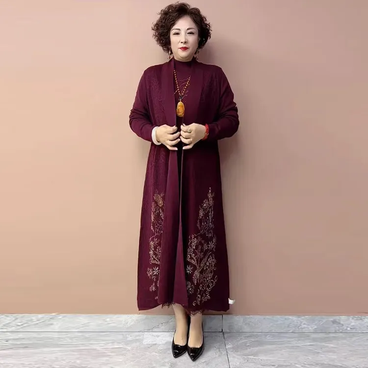 818高端妈妈婚宴礼服重工提花针织连衣裙大码长款外披宽松两件套
