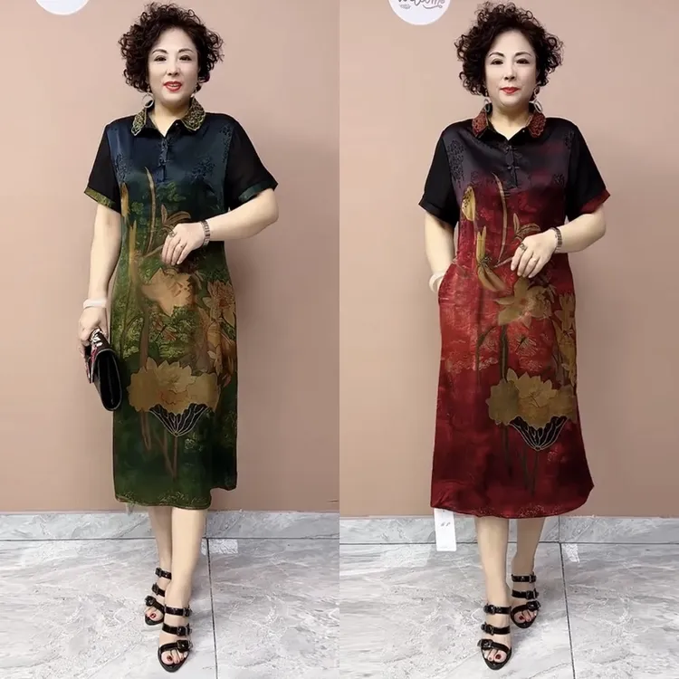 连衣裙气质妈妈遮肉衬衫裙宽松减龄过膝裙子70后遮肚女装2025新款