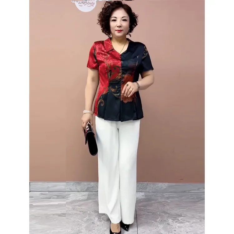 夏季新款短袖中老年妈妈装娃娃领丝缎旗袍衫宽松减龄洋气小衫上衣