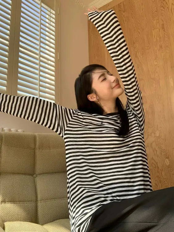 纯棉百搭宽松慵懒条纹T恤百搭长青款