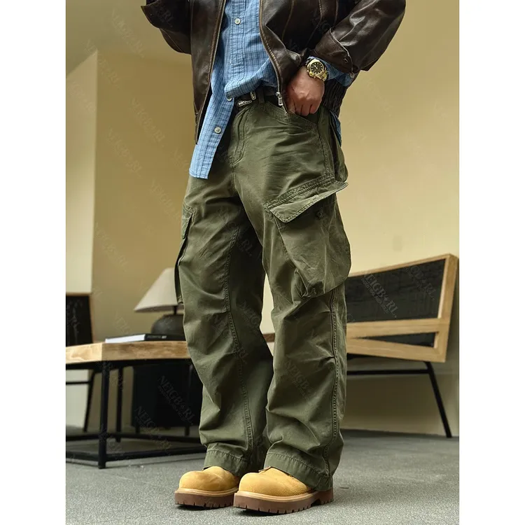 【公升组】钊叔制美式复古休闲宽松工装裤直筒潮流军绿色户外男裤