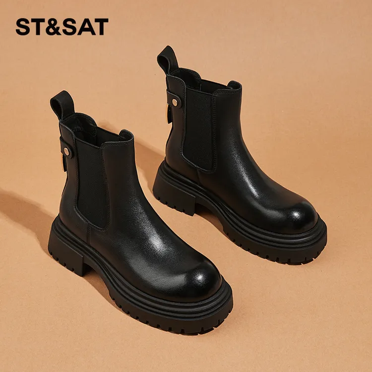 星期六棕色烟筒靴女真皮短靴秋冬季加绒雪地靴子粗跟厚底切尔西靴