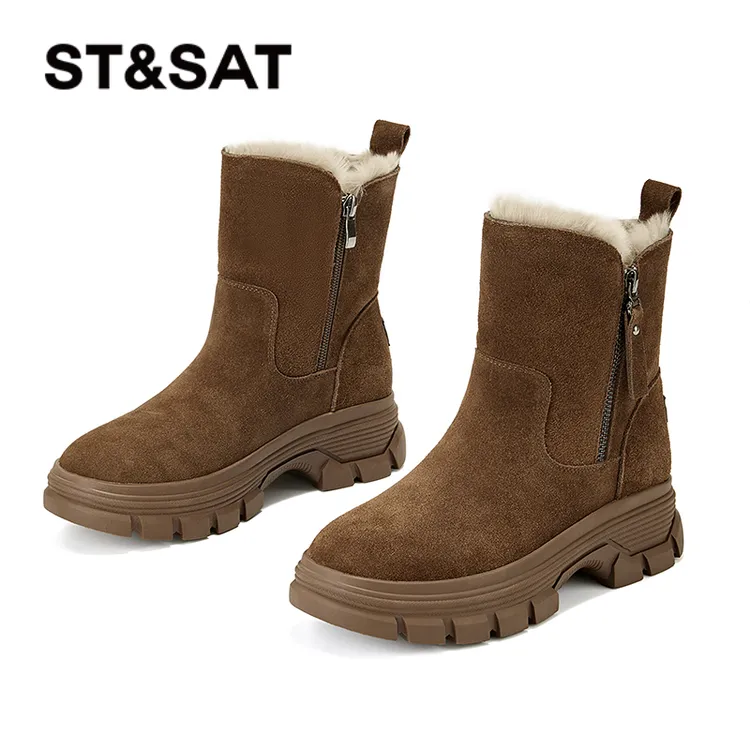 星期六真皮雪地靴女2025新款防滑加绒百搭中筒休闲棉靴女鞋马丁靴