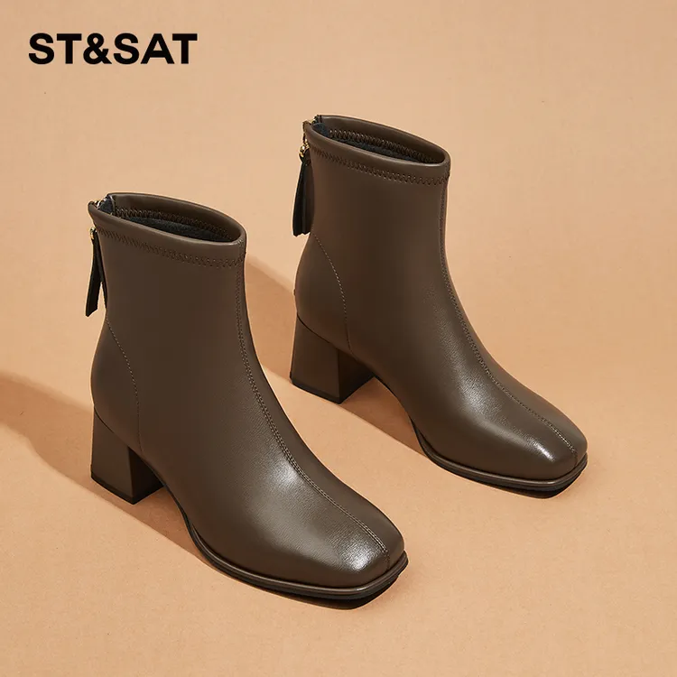 星期六高跟短靴女冬季2025新款加绒方头靴子爆款粗跟瘦瘦靴马丁靴