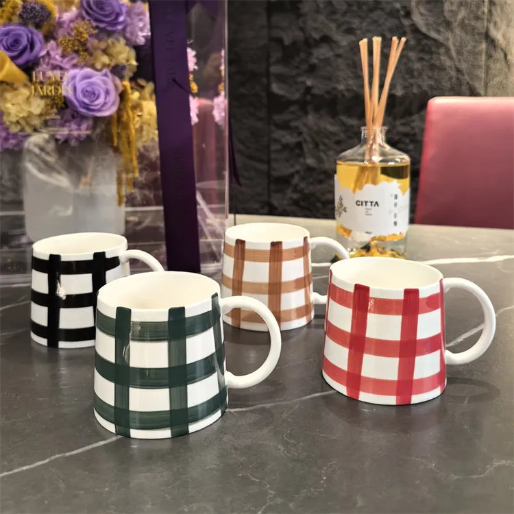 【天环格纹杯】手绘格纹高颜值家用陶瓷杯子牛奶果汁咖啡杯情侣送礼