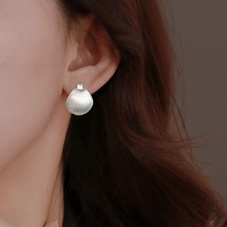 925银耳饰 磨砂拉丝圆球耳扣女欧美金属感圆弧形亮色耳环质感耳饰