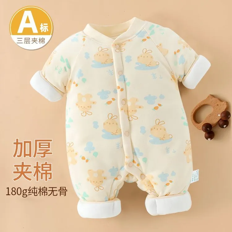 秋冬婴儿夹棉连体衣新生儿纯棉厚款长袖印花爬服三层保暖无骨哈衣
