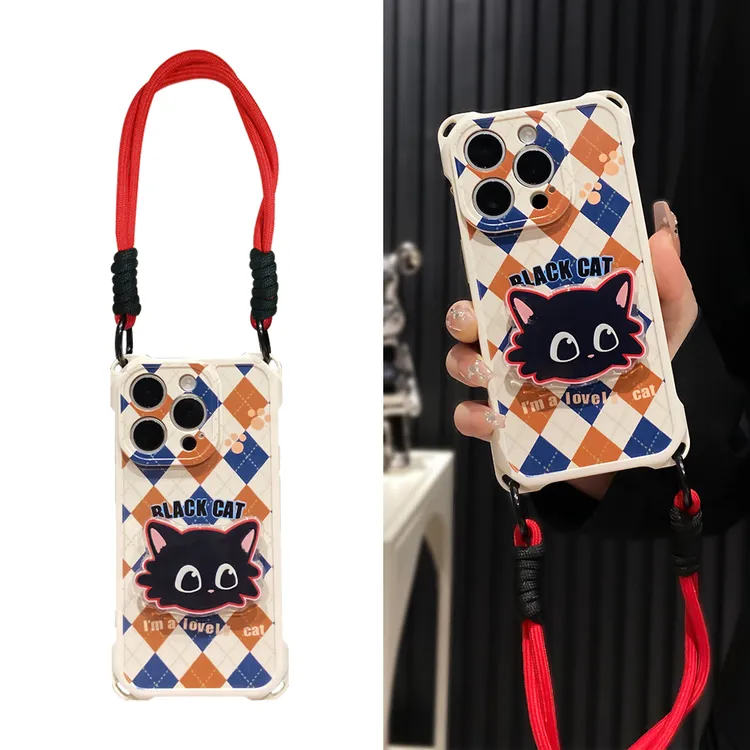 菱格黑猫适用于苹果16promax手机壳防摔四角挂绳iPhone15支架