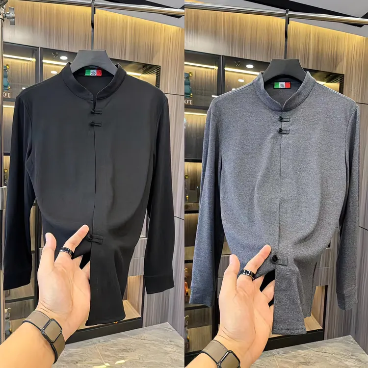 男士中国风磨毛秋季高品长袖盘扣薄款打底衫欧货百搭柔软高弹上衣