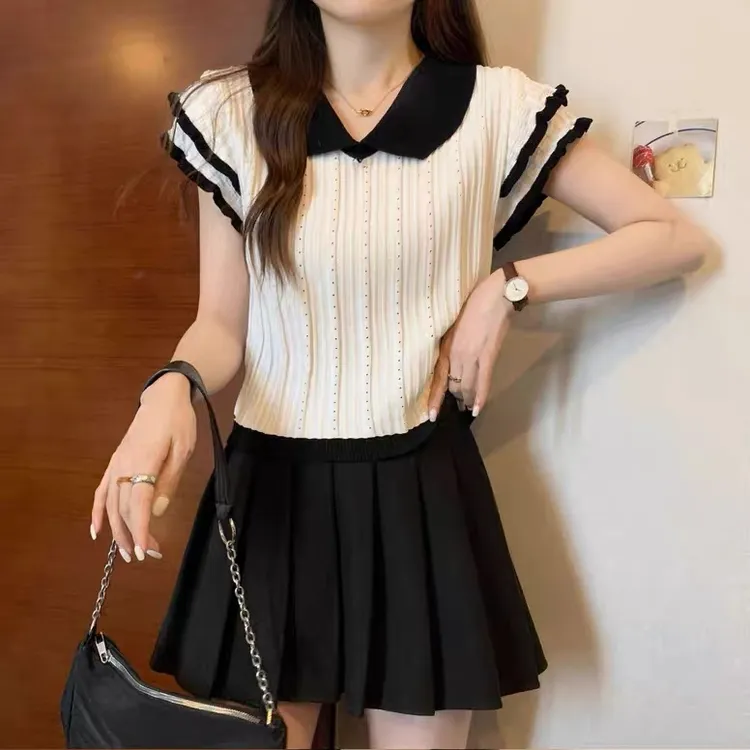 夏季新款娃娃领飞飞袖针织短袖女T恤镂空翻领减龄设计感上衣薄款