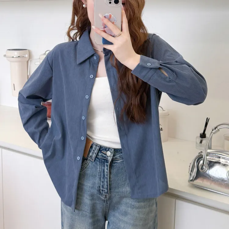 秋冬新款加绒加厚灯芯绒polo衬衫女纯色磨毛坑条衬衣宽松上衣外穿