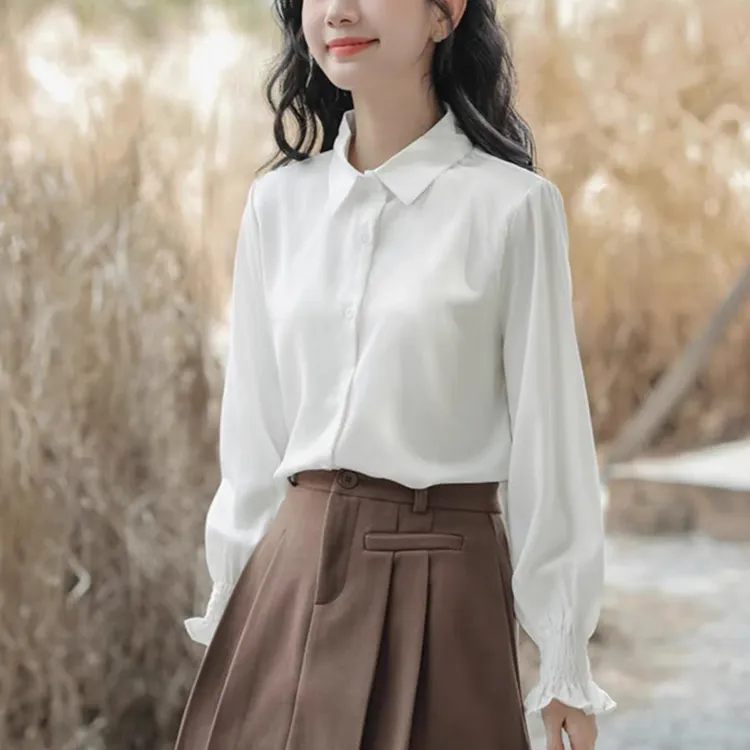 2025春装新款荷叶袖宽松百搭Polo领白色衬衫女打底洋气衬衣秋显瘦