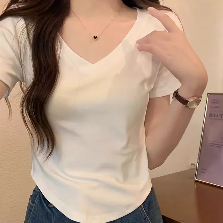 【九九专属】2025款白色V领正肩短袖t恤女内搭纯色百搭打底衫上衣