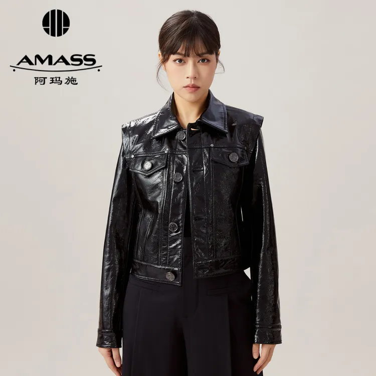 阿玛施AMASS新款女装通勤时髦羊皮百搭酷感漆皮夹克外套5400635