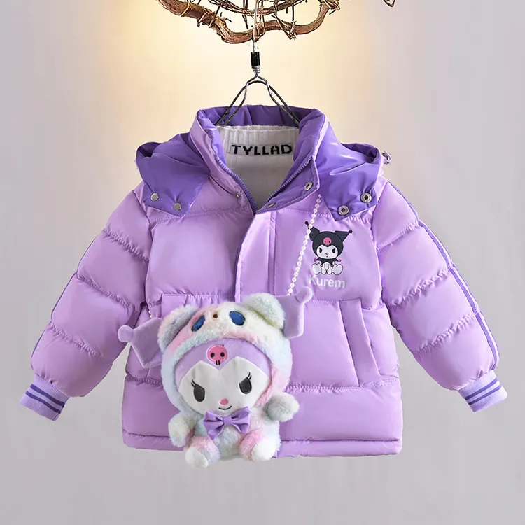 库洛米女童衣服冬季新款连帽加绒保暖加厚儿童棉服中长款女童棉衣