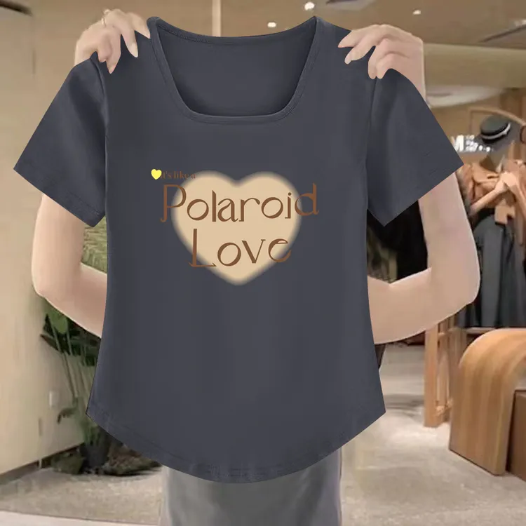 清仓捡漏~正肩方领短袖t恤女夏季弧形下摆修身显瘦方领露锁骨上衣