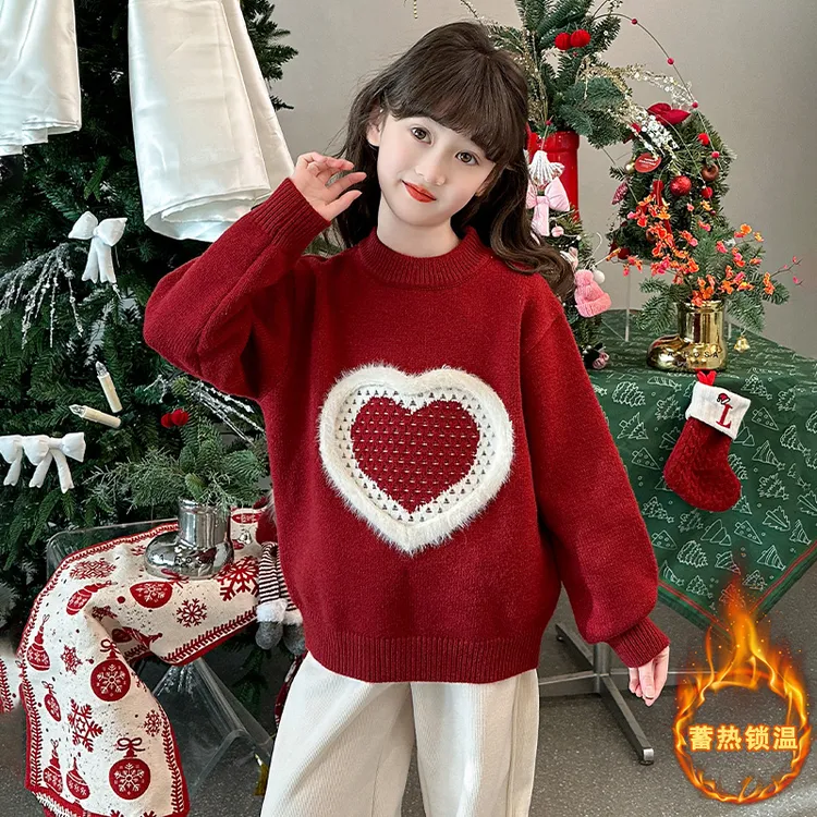 女童冬款加厚毛衣中大童洋气假节日年服红色针织圆领套头毛线衫