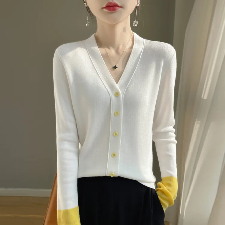 SIMINANA西米娜娜丨女士春款V领14针精纺羊毛长袖拼色针织衫N-403