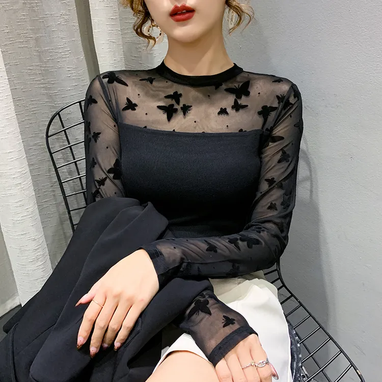 网纱打底衫女长袖性感内搭小衫20255春秋新款植绒百搭外穿t恤上衣