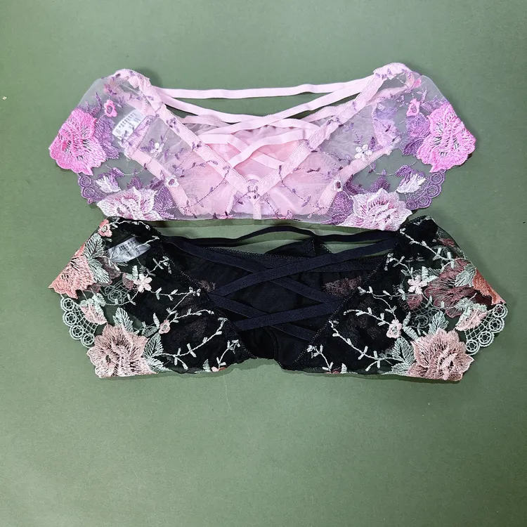 潮搭男士蕾丝刺绣网纱后镂空交叉三角內裤