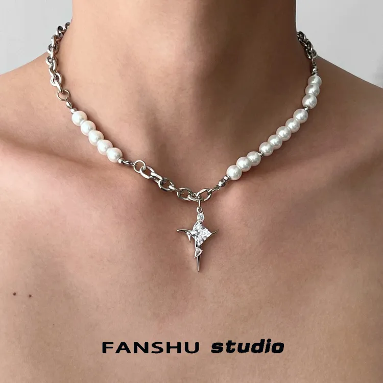钛钢仿珍珠项链 冰裂珍珠不规则金属石头轻奢个性不掉色锁骨颈链