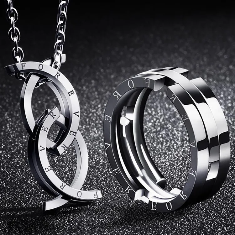 钛钢项链 亲嘴鱼项链变形戒指两用款潮男个性创意指环学生百搭情