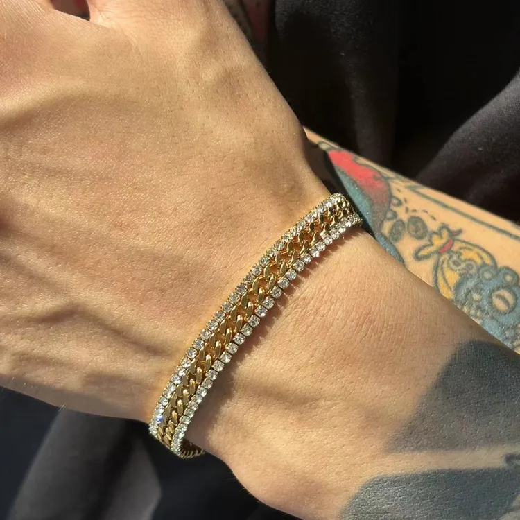 钛钢锆石手链 小众百搭金色宽边网球古巴手饰潮男女法式轻奢个性