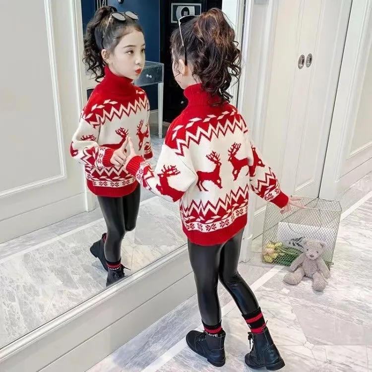 女童圣诞鹿毛衣2025秋冬新款儿童洋气女孩高领加绒加厚打底针织衫