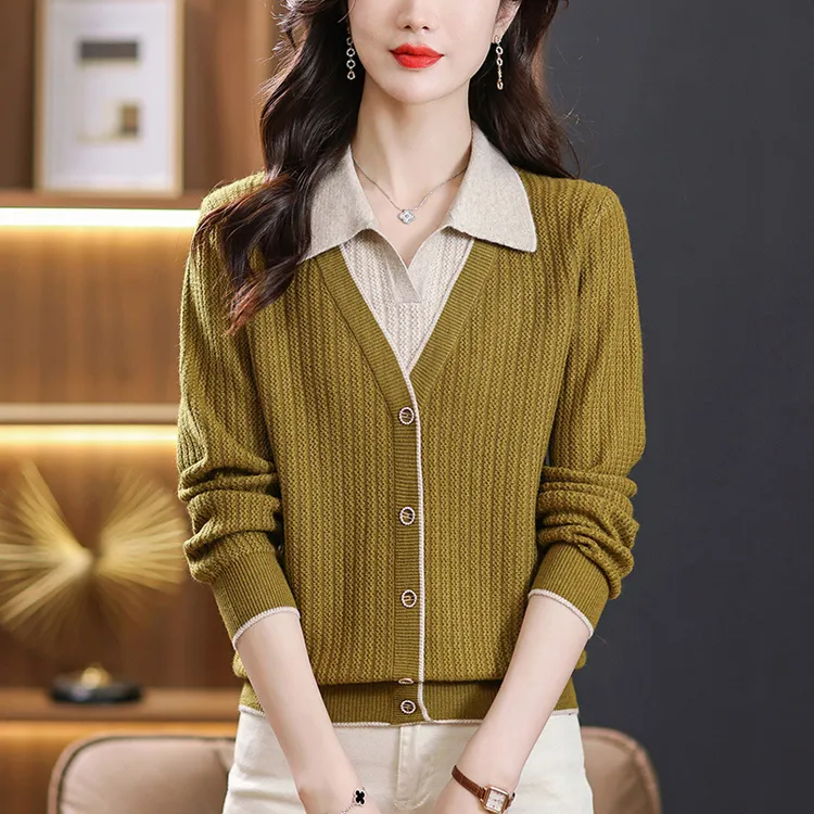 时尚假两件上衣女早秋新款针织衫时尚洋气短款翻领毛衣打底衫春秋