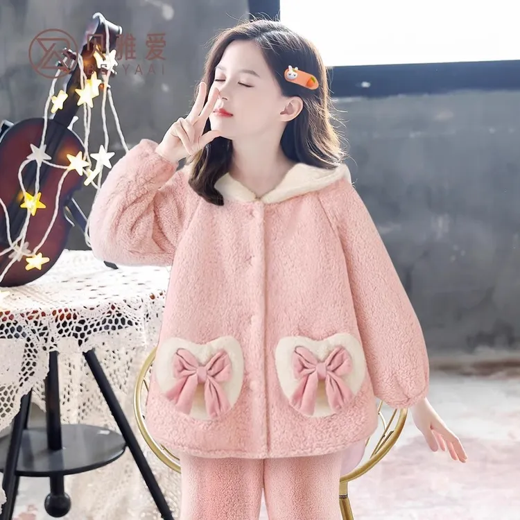 珊瑚绒睡衣女童加厚连帽小兔套装2025年新款可爱秋冬款保暖家居服