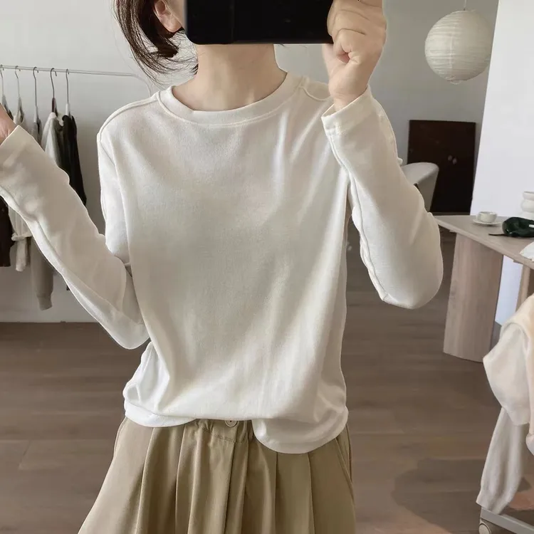 棉质t恤女春秋季新款简约小众设计感显瘦韩版减龄打底衫长袖上衣