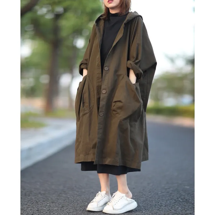 【原版正品】新款~文艺宽松过膝长款大口袋连帽通勤风衣外套 女