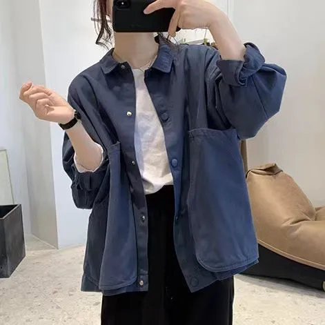 大口袋外套女式春秋新款宽松显瘦减龄韩版长袖复古工装棉质上衣