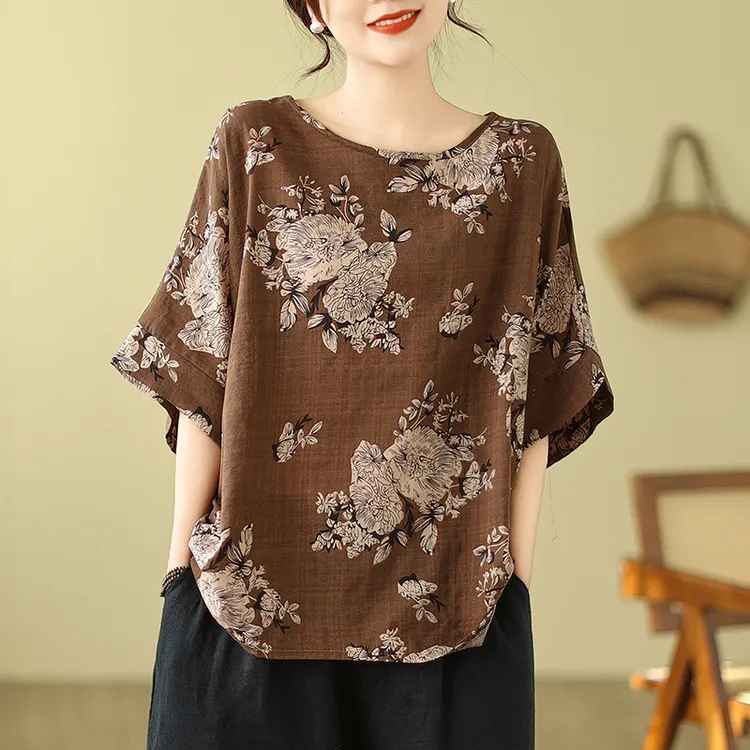 棉麻大码女装印花短袖T恤夏季复古新款显瘦妈妈宽松洋气碎花上衣