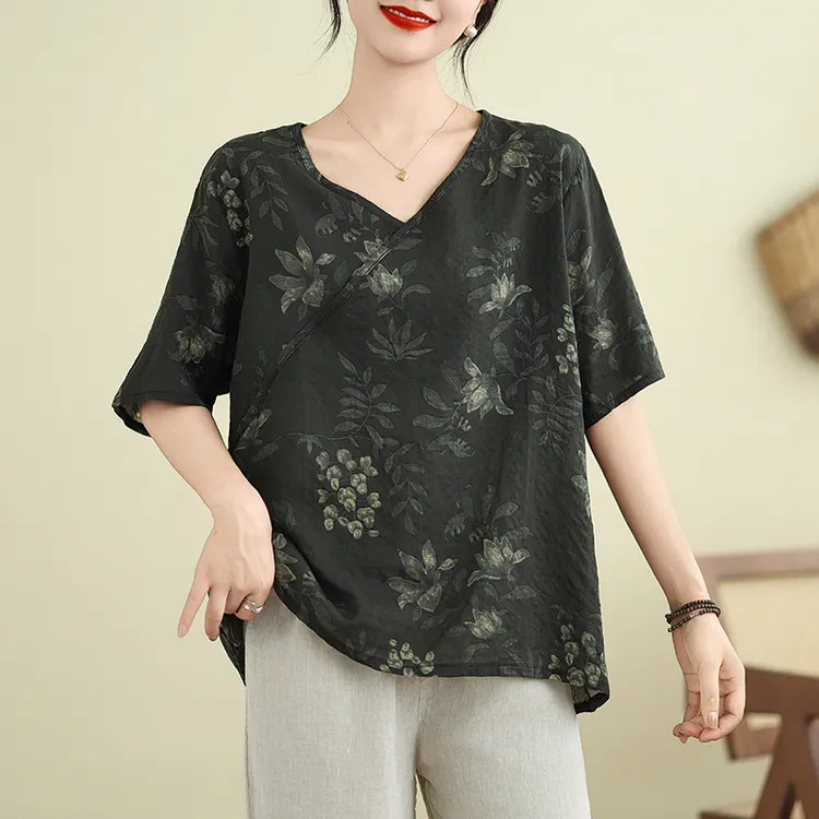 棉麻国风大码女装夏季新中式薄款宽松显瘦遮肚子五分袖短袖印花衫