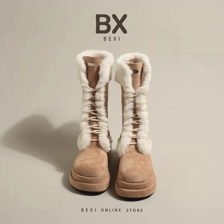 2024冬季新款厚底加绒骑士靴韩版中筒马丁靴保暖毛毛雪地靴女靴子