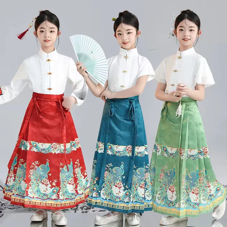 儿童汉服女马面女童套装古装古风中国日常女大童马面裙汉服短袖