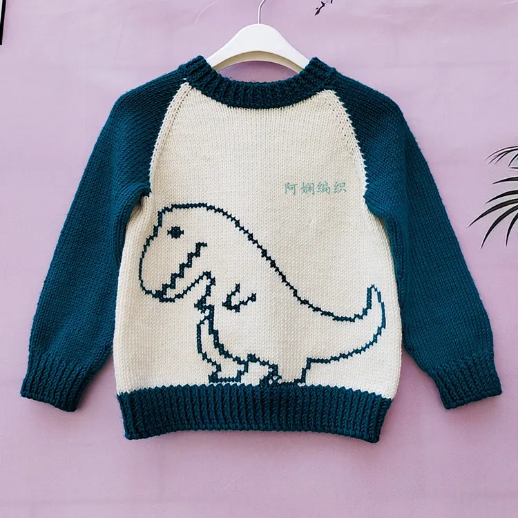 阿娴编织 恐龙绣图擦肩袖撞色毛衣diy材料包棒针手工毛线视频儿童