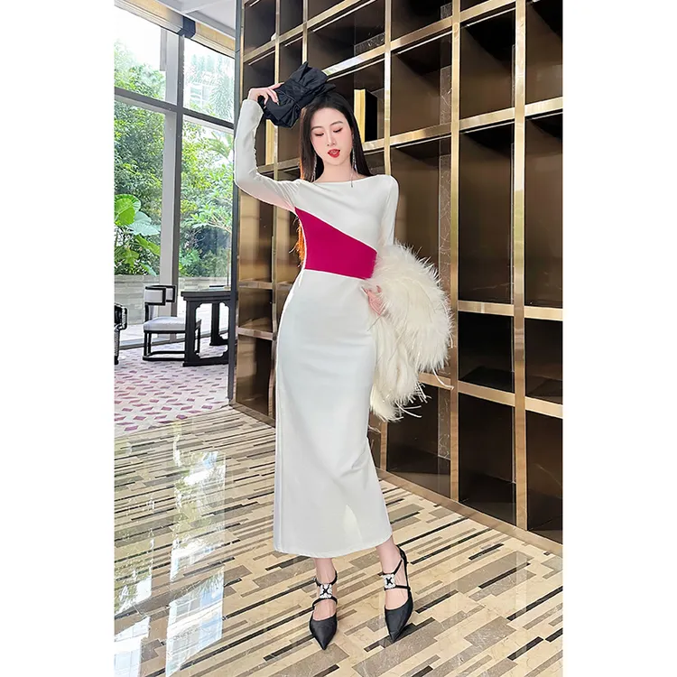 格润雅【沙漏身材】2025年新款气质拼色时尚设计中长款长袖连衣裙