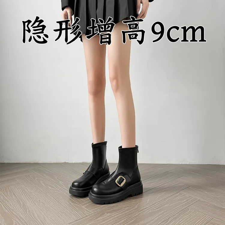 短靴靴子女马丁靴女英伦风短筒真皮圆头休闲鞋内增高机车靴小个子