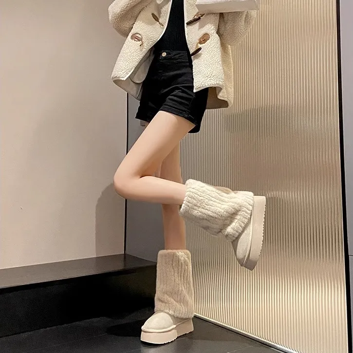 翻毛皮靴内增高中筒雪地靴女圆头毛毛保暖加厚底冬天棉鞋2025新款