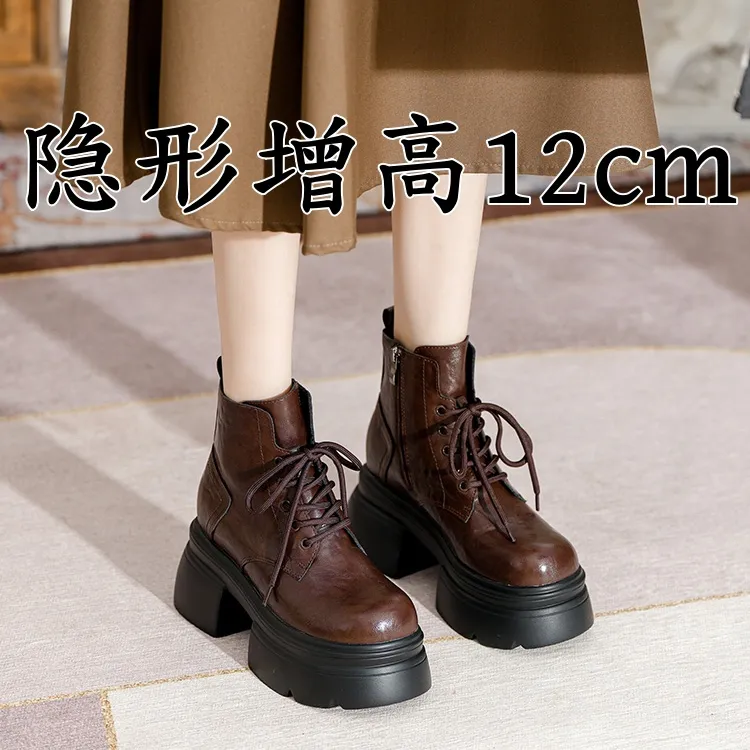 2025年春秋新复古英伦风靴子百搭内增高棕色马丁靴粗跟系带短靴女
