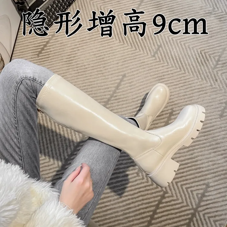 真皮长筒靴女新款白色加绒长靴内增高筒靴子女长筒靴小个子靴子