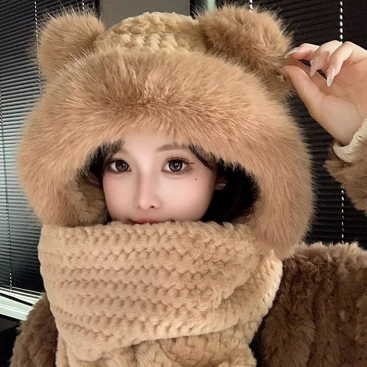 帽子围巾手套一体女秋冬季可爱毛绒小熊三件套骑车加厚保暖围脖