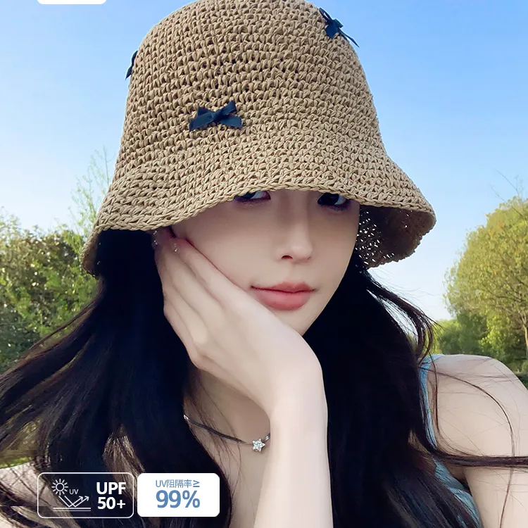 草编蝴蝶结系带草帽女镂空钩花大帽檐遮阳帽可折叠度假渔夫帽盆帽