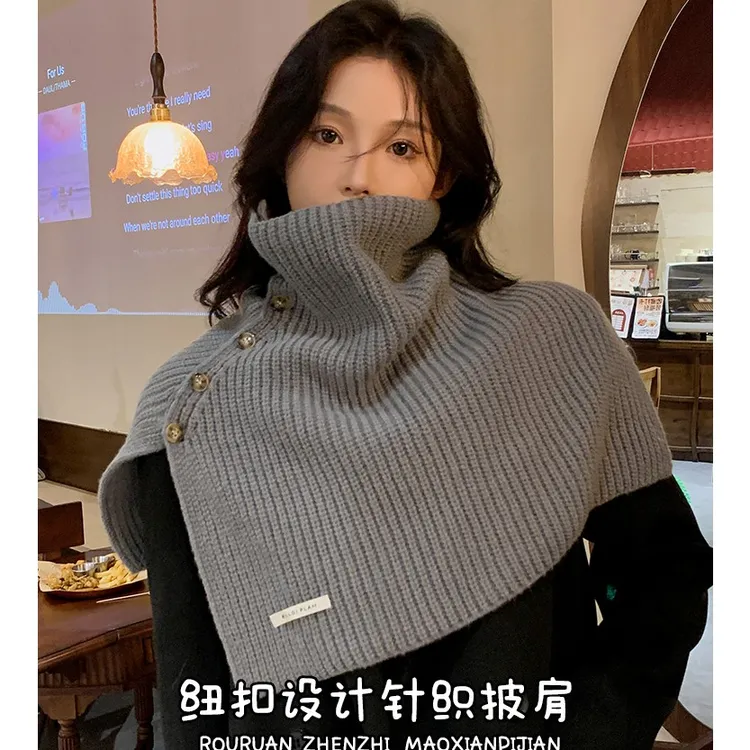 新款钮扣围脖女秋冬季韩版百搭套头保暖护颈脖套外搭开叉针织披肩