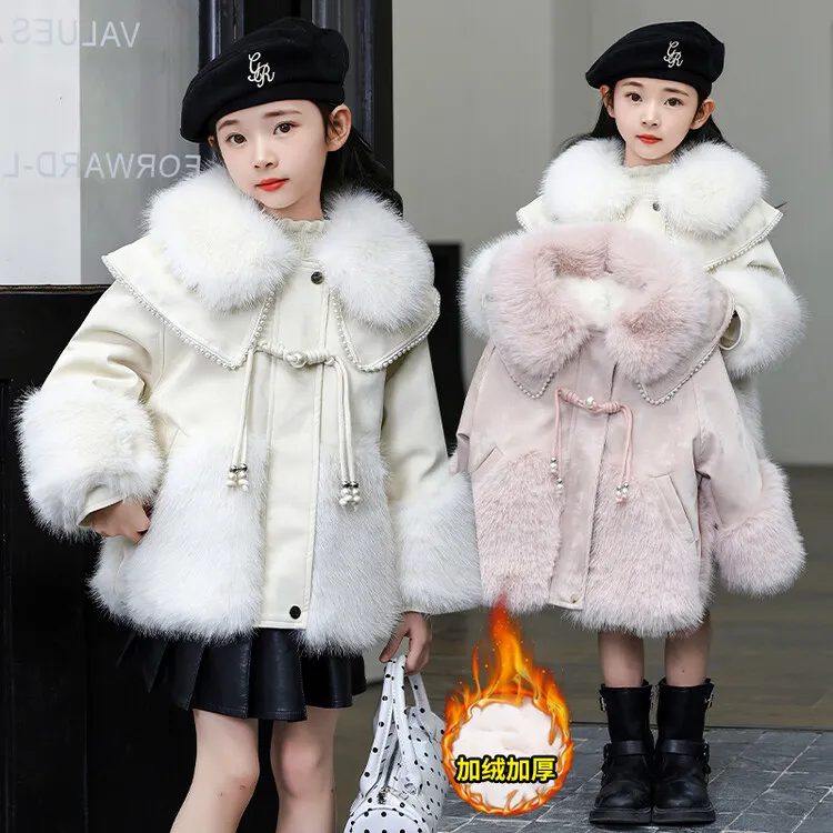 女童加绒仿皮草外套2025中大童冬季新款洋气中长款加厚派克服棉服